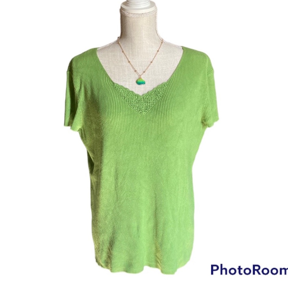 White Stag Vintage Lace V-neck Green Ribbed Sweater Short Sleeve XL 16/18 Used